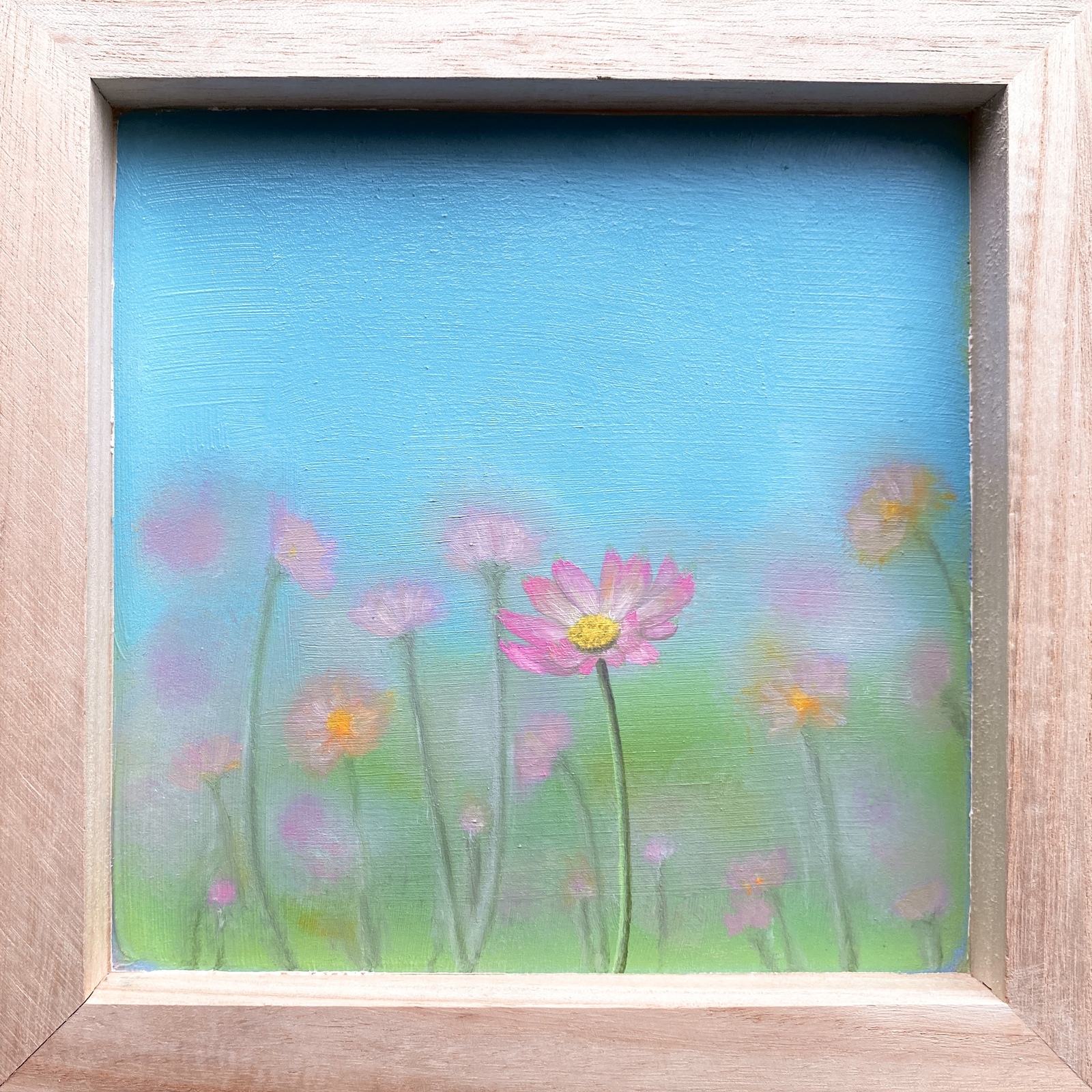 秋晴れに咲くコスモス『秋桜』油絵 原画 風景画 肉筆 パネル 絵画 花