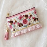 華やかインド刺繍とフェイクレザーのミニポーチ（ピンク×アイボリー）【S 310】