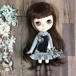 【summer SALE】  2779 ブライス さんのお洋服  黒猫×ブルー×リボン　 ワンピースBlythe ブライス リカちゃん アウトフィット 洋服 猫 