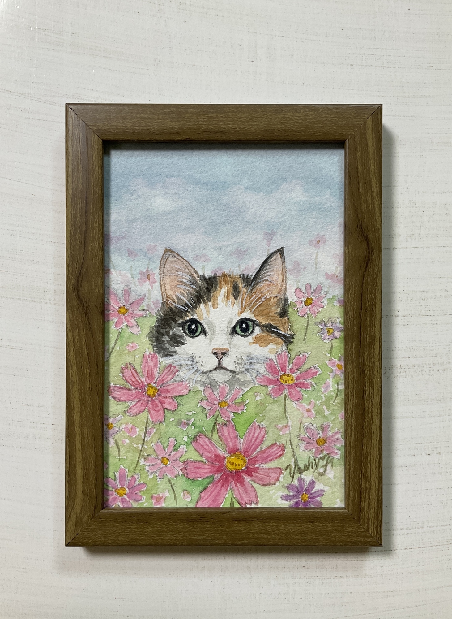原画】茶トラ猫「トンボ、みつけた」｜水彩画・原画・額付き - Milky