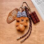 黒ギンガムチェックリボンくま×チョコのバッグチャーム｜秋冬コーデに　韓国風じゃらじゃらキーホルダー　パラコード　ブラウン　ギフトにも♡