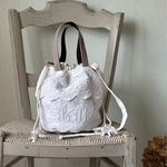 3WAY antique  linen*羊革マチ*手刺繍モノグラム*巾着バッグ＊丸底バッグ