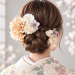 ベージュダリアと桜の髪かざり　成人式　卒業式　振袖　結婚式　着物　和装　花嫁　ヘアアクセサリー