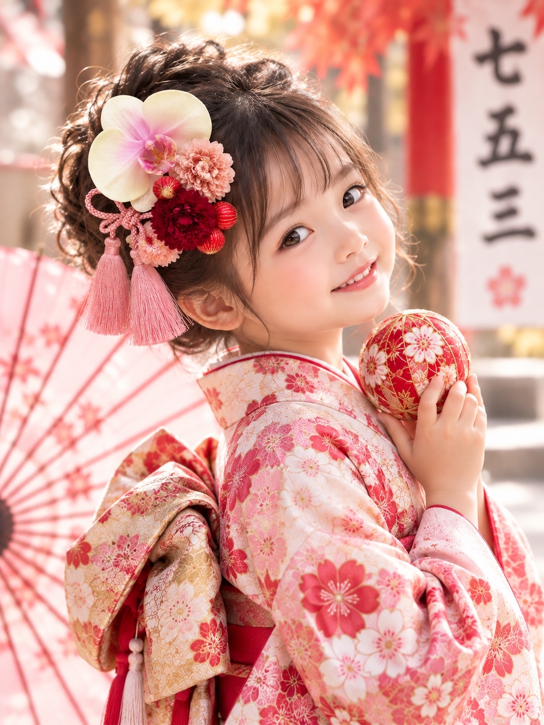 七五三 髪飾り｜胡蝶蘭と赤・ピンクの華やか髪飾り｜7歳のお祝い・着物