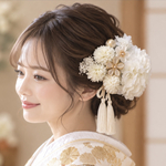 つまみ細工　ダリア　マム　かすみ草ブリザードフラワー　❁︎成人式　結婚式　卒業式　白　ゴールド　10点セット　❁︎タッセルリボンの色変更可能