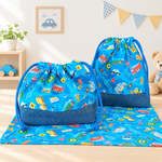 3点セット お弁当袋/ランチョンマット/コップ袋 裏地なし【くるま青×デニム柄】巾着袋 セット 入園準備 幼稚園 保育園 男の子 送料無料