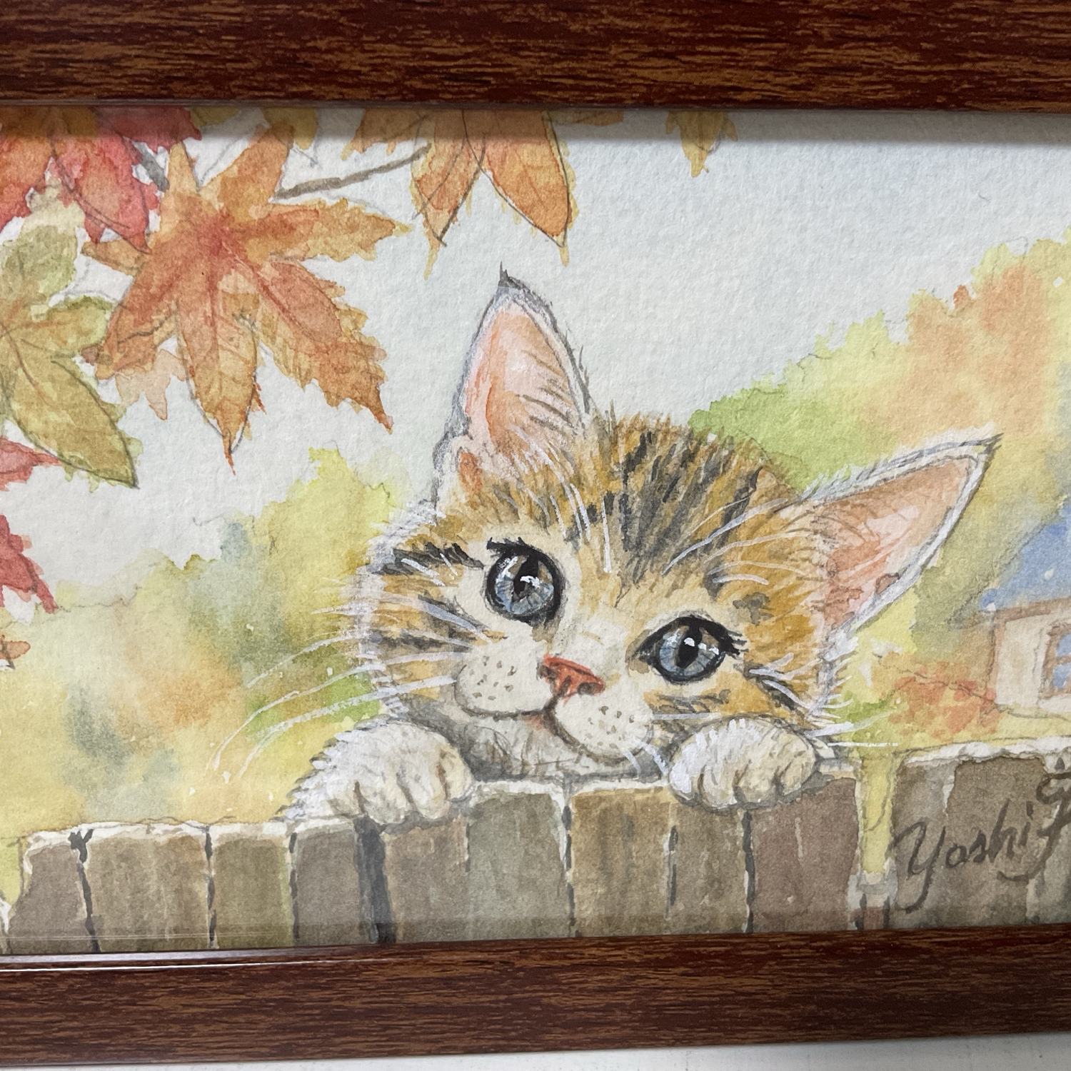 原画】紅葉の下からこんにちは｜子猫の水彩画・原画・額付き - Milky