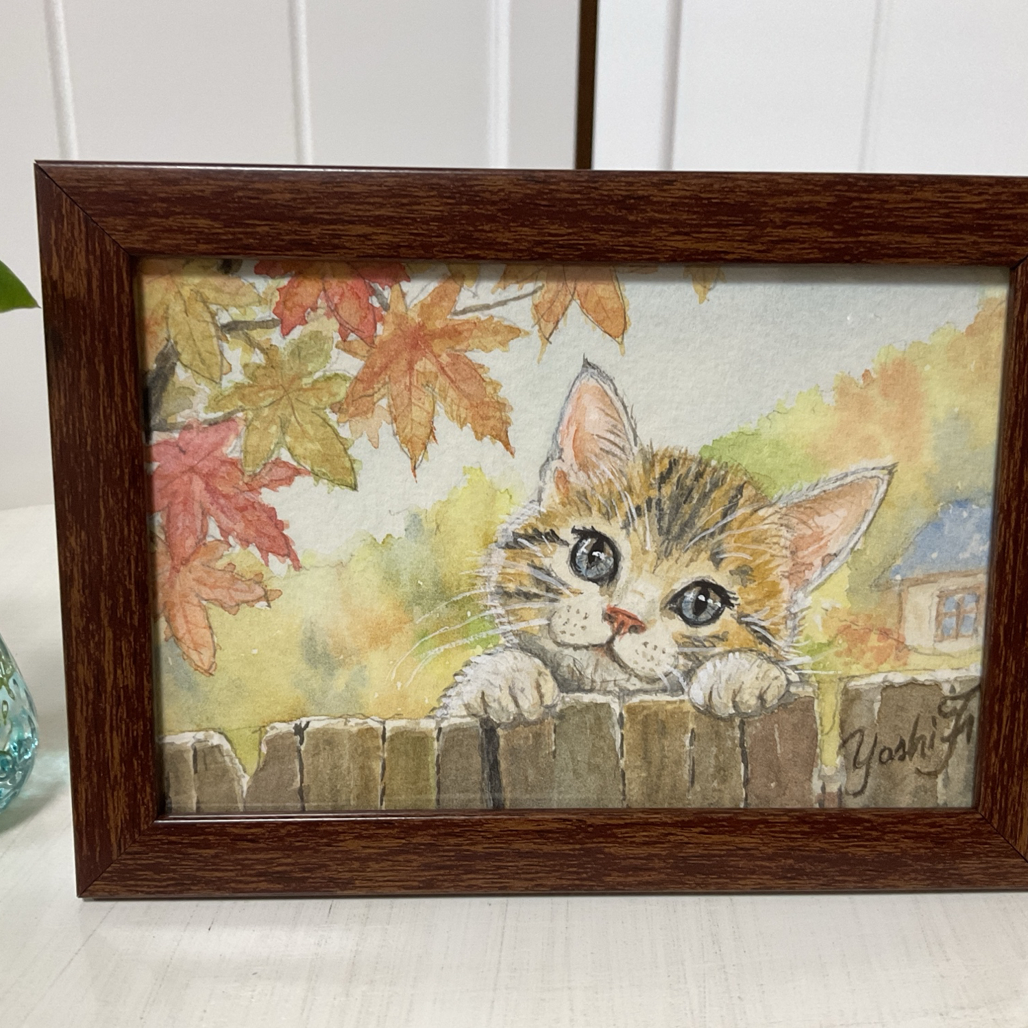 原画】紅葉の下からこんにちは｜子猫の水彩画・原画・額付き - Milky