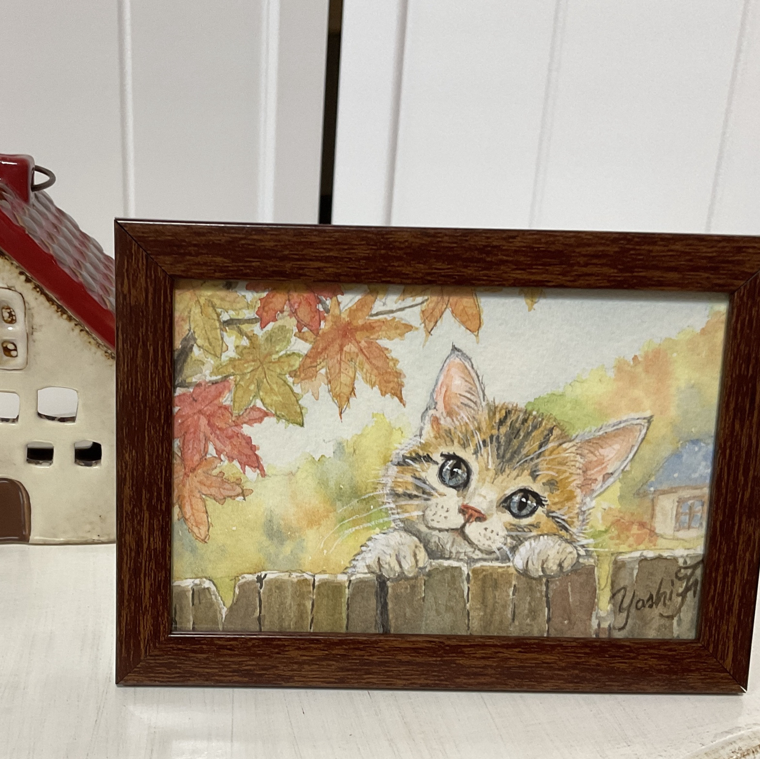 原画】紅葉の下からこんにちは｜子猫の水彩画・原画・額付き - Milky