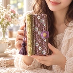 大人可愛いラベンダー刺繍の手帳型スマホケース♡ タッセル付き フラワーレース