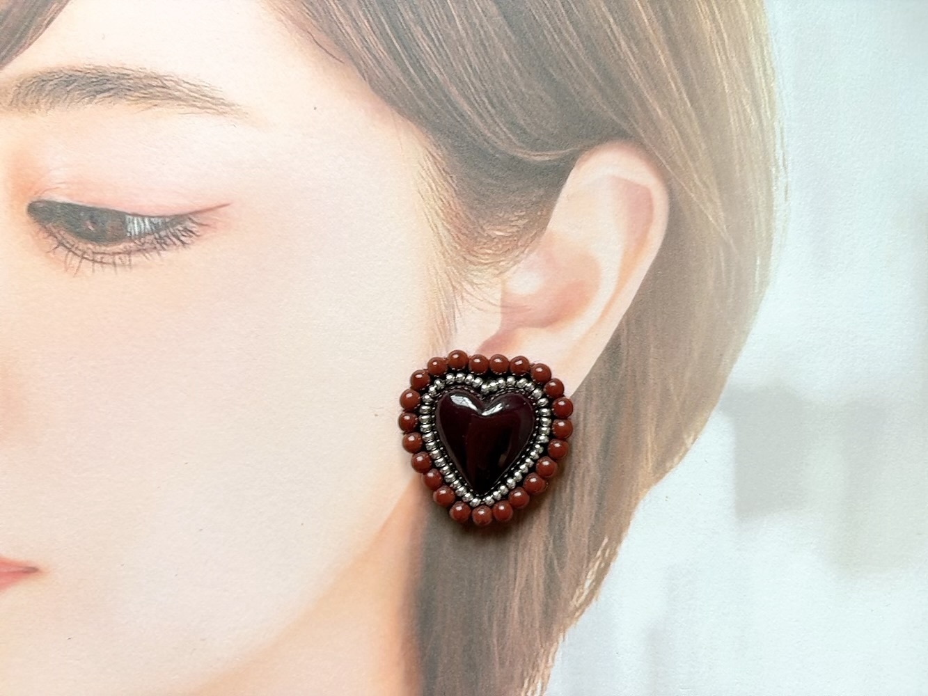 ♥SALE♥8475 刺繍ビーズ カボション ハート ガラスビーズ イヤリング new》Vintage Rouge Heart/カボションビーズ刺繍大ぶりイヤリング
