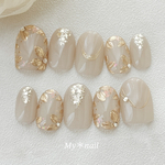 【人気💍】ネイルチップ｜アイボリー×フラワーミラーネイルチップ｜上品・大人可愛い・花｜ブライダル・成人式・和装・前撮りにも◎ホワイト系デザイン