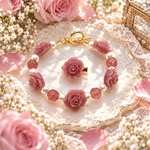 【おまとめ特典あり】ストロベリークォーツの薔薇ブレスレット＆ブローチセット　くすみレッド　春　卒業式　入学式　サージカルステンレス　サージカルステンレス316L