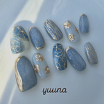 【ブルーグレイス-Blue Grace-】#ネイルチップ#ネイルチップ販売#ブルーネイル#ブルーグレーネイル#くすみカラーネイル#フラワーネイル#ニュアンスネイル#ゴールドネイル 