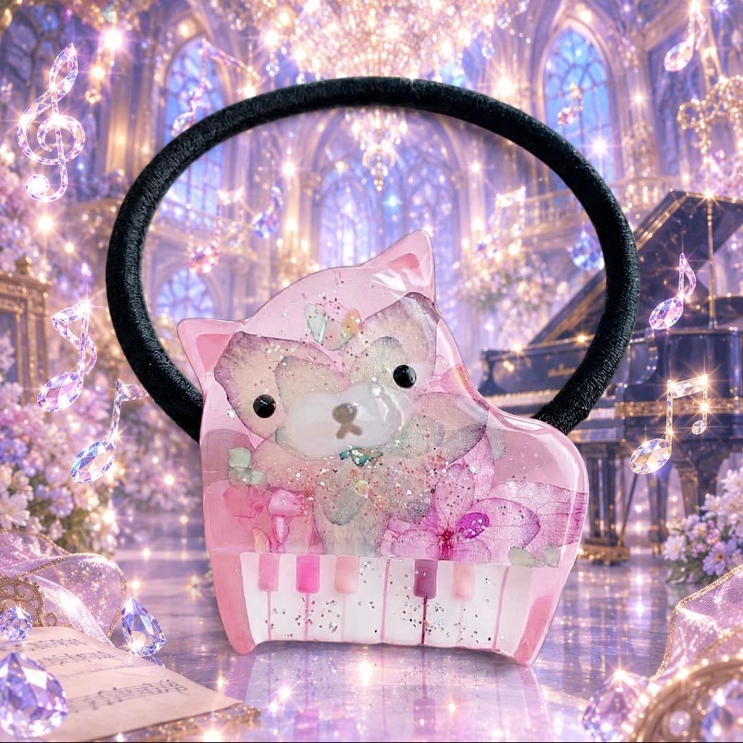 4800】グランドピアノ型ヘアゴム 猫ピアノ カラフル黒鍵 紫陽花入り