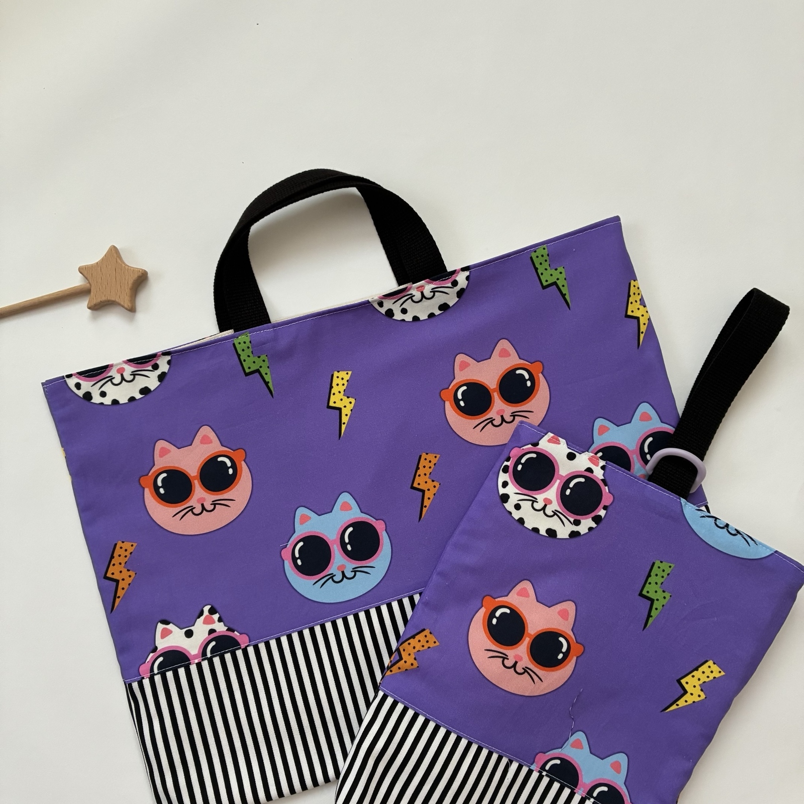 new//サングラスねこ ハンドメイド レッスンバッグと上履き袋 2点set