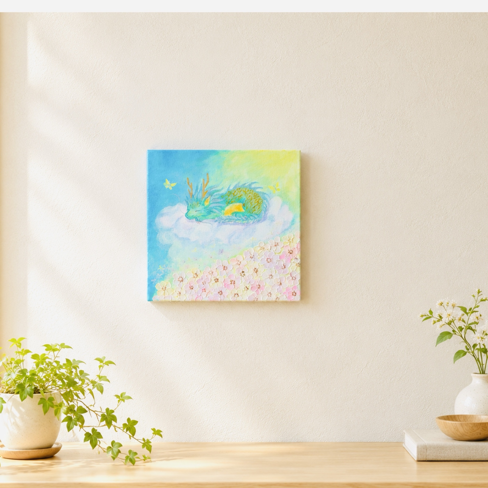 龍の絵 花畑で眠る黄金の龍神｜原画 200mm円形 テクスチャーアート