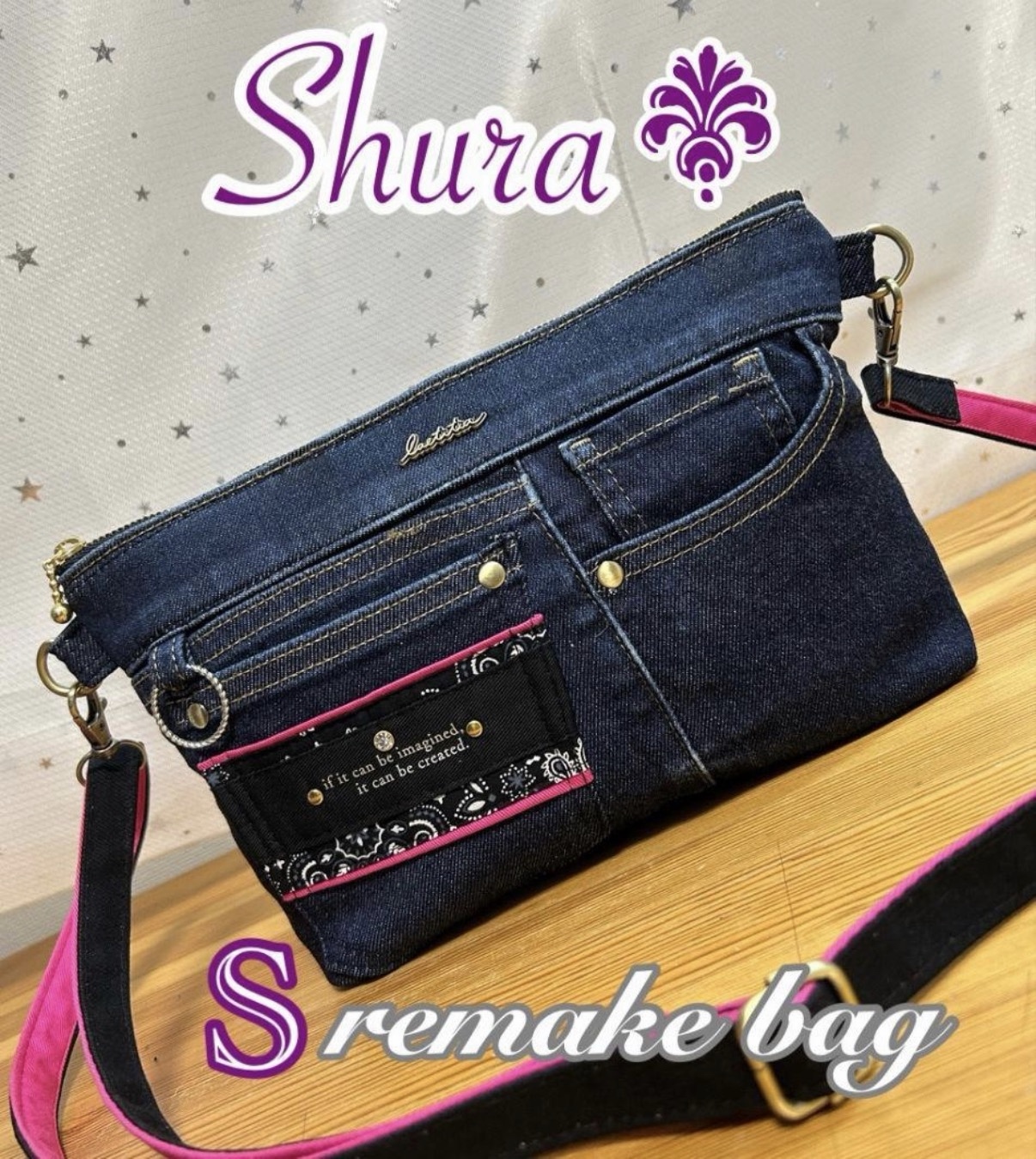 送料込みデニムリメイクバッグ（M）No.1108☆ハンドバッグ ショルダー