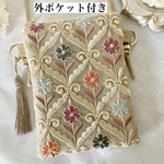 《再販》★外ポケット付き★ インド刺繍ポシェット　インド刺繍ポーチ　インド刺繍スマホポシェット　インド刺繍サコッシュ　タッセル付き　＊ショルダー紐はチェーン又はワックスコードをお選び下さい。