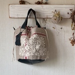 antique linen＊赤ライン＊本革底*巾着バッグ*アンティークレース*アイリッシュレース
