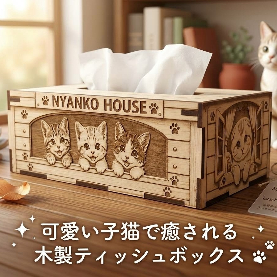 猫好きさんにおすすめ♪ 5匹の子猫が可愛い木製ティッシュボックス