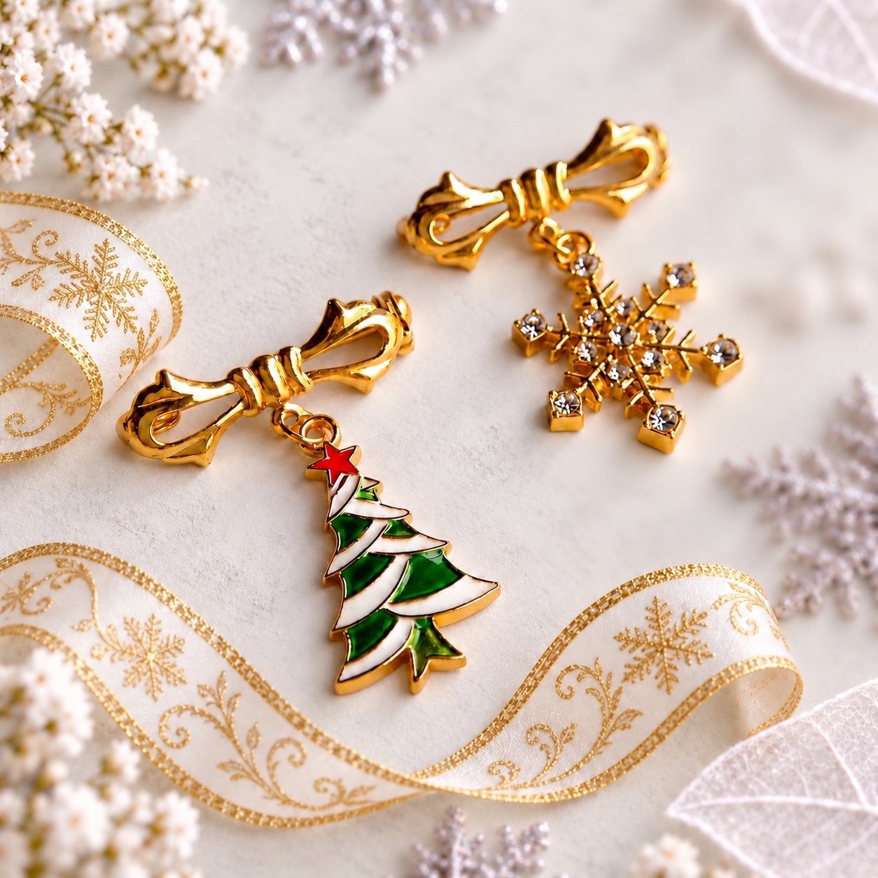 2点セット】Happy Christmas｜もみの木&雪の結晶 冬ブローチ