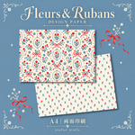 【D-57】Flowers and ribbons brighten your day.｜花とリボンのフレンチレトロ│デザインペーパー｜A4・両面印刷 90kg上質紙｜Design Paper