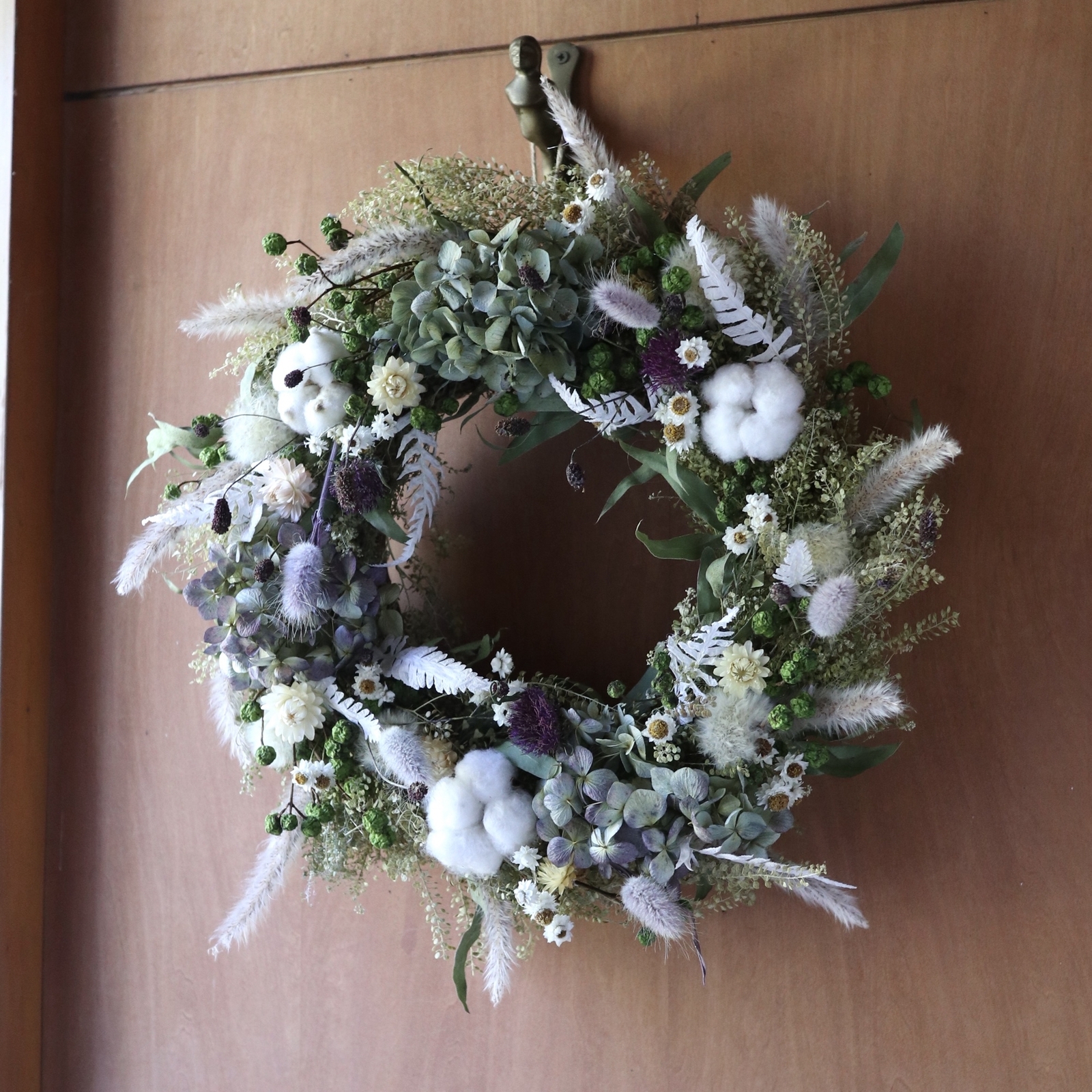 40cm) 紫陽花とタンポポの綿毛のふわふわの大きな淡いお花畑リース