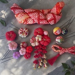 【はな様専用出品】七五三 「紅祝 花々の奏」 ぷっくりお花 下がり付き髪飾り /鞠かんざし/ かのこ ちんころ フルセット 753 3歳小さめサイズ