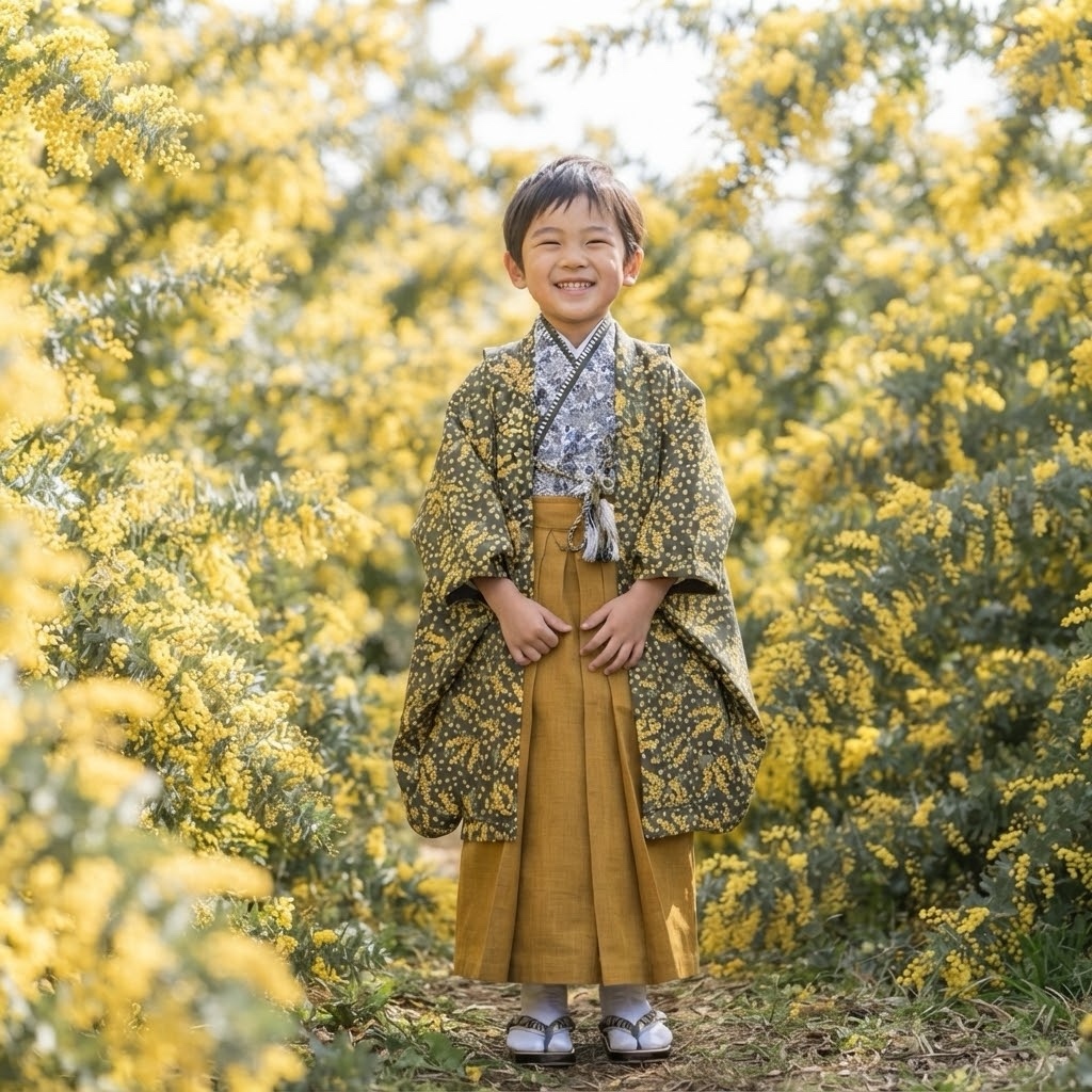 ◯七五三にオススメ◯五歳七五三男の子ミモザ咲き誇る羽織り袴セット