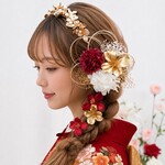 A113 カチューシャ　ゴールド×赤　髪飾り  成人式　卒業式　袴　振袖　結婚式　水引　ドライフラワー