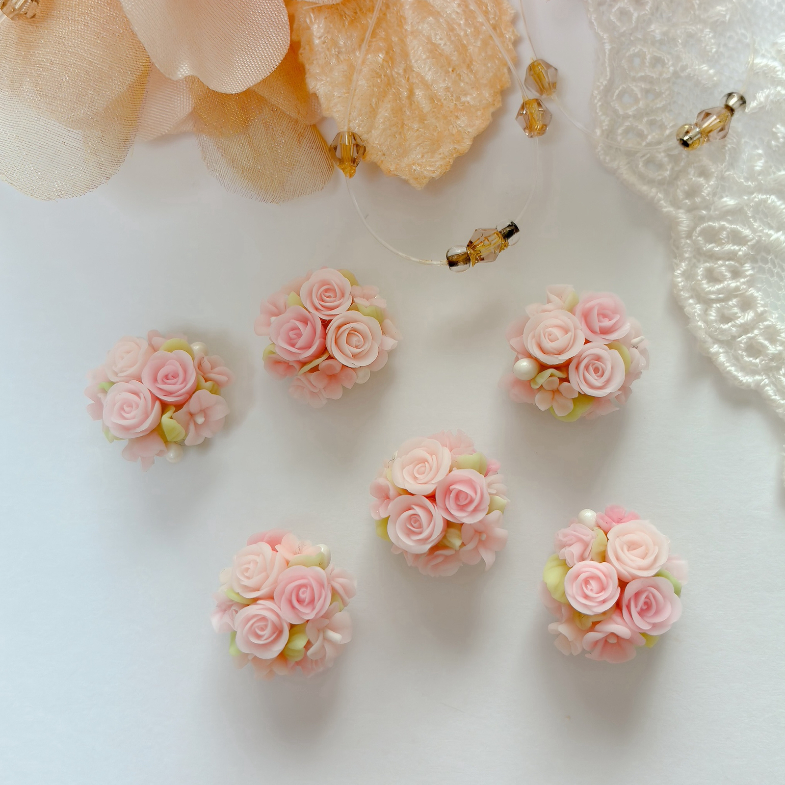 ランダム ②個 ブーケ 薔薇 パーツ accessory parts 10 ピンク - 粘土