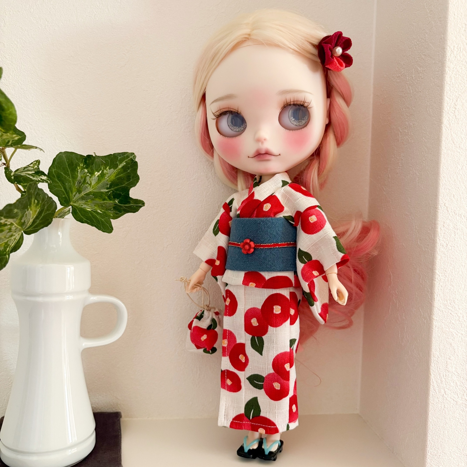 椿柄・浴衣セット・22cmドール用・ブライス・リカちゃんサイズ・梅もも