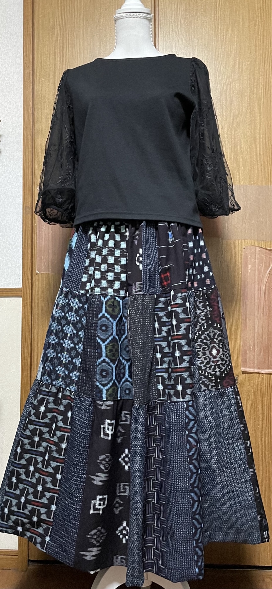 着物リメイク 絣(木綿)のパッチワークティアードスカート - NENO1365'S