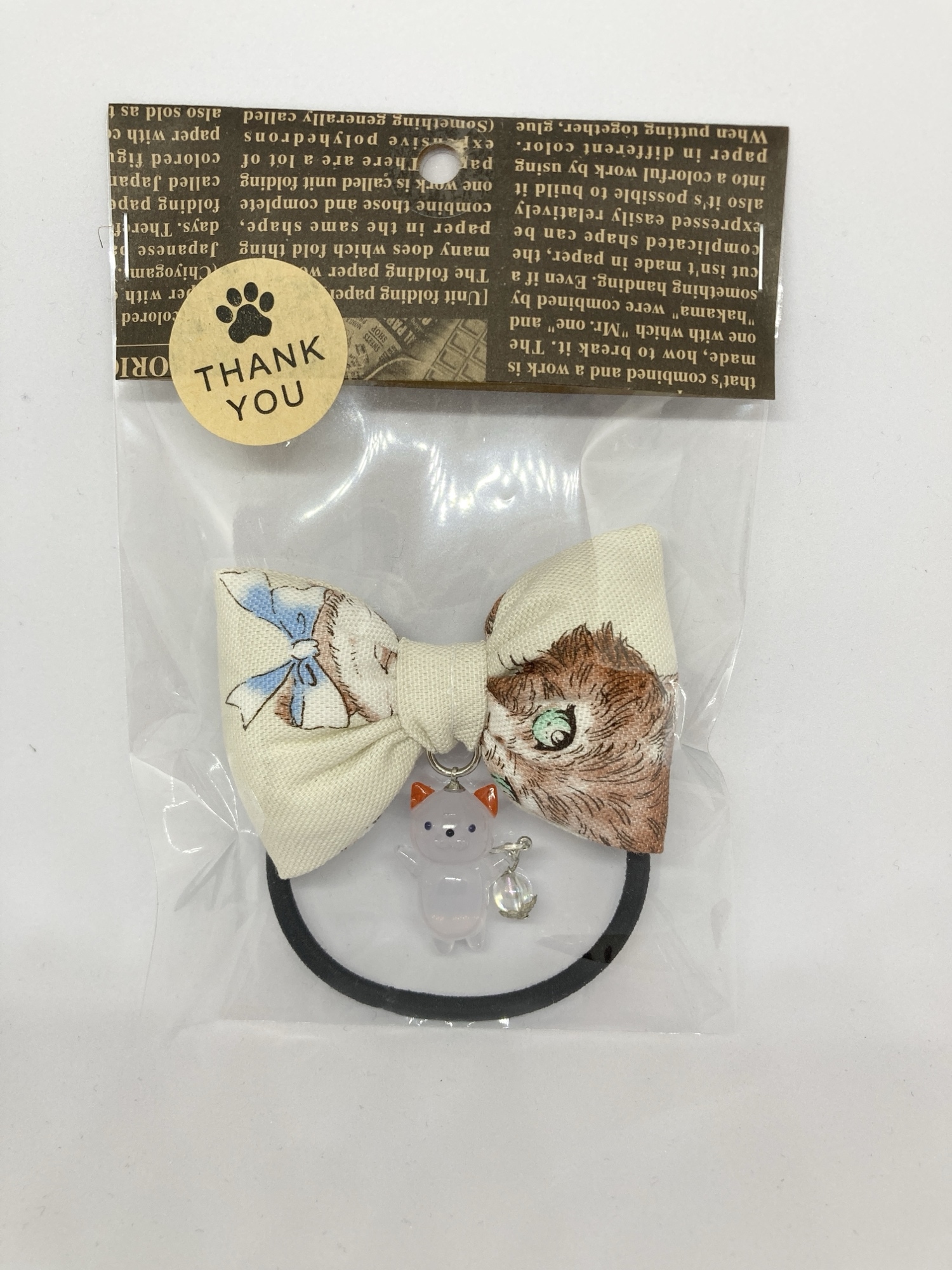 猫柄 ぷっくり布リボン ヘアゴム 猫チャーム付き ハンドメイド ミント