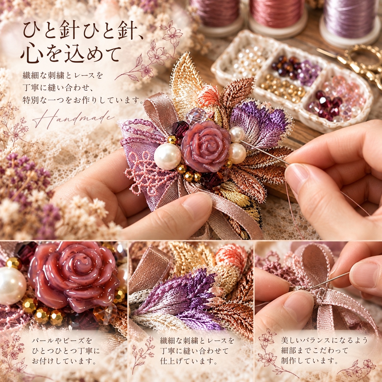 秋冬新作】くすみモーヴ薔薇とインド刺繍のヘアクリップ｜アンティーク