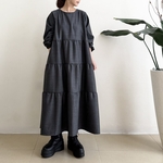 長袖大人ティア―ドワンピース　* 地模様のあるDark Greyヘリンボーン柄 *　
