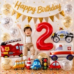 【2歳】お誕生日はたらくくるまバルーンセット✩車✩2才数字バルーン赤✩男の子 働く車 クレーン車 ミキサー車 ショベルカー