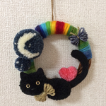 動物ポンポンリース  三日月と黒猫