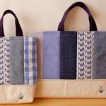 パッチワーク　レッスンバッグ＆上履き入れ（ヨット手刺繍）ブルー系