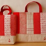 パッチワーク　レッスンバッグ＆上履き入れ（ヨット手刺繍）赤系