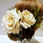 スワロ付きローズとグリーン アーティフィシャルフラワー ヘッドドレス