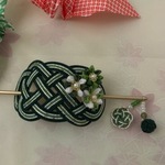 和風かんざしバレッタ　 深緑＆白金