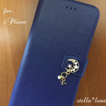 【iPhone】選べる誕生石&イニシャル＊パールムーン手帳型ケース＊ネイビー