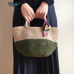♡麻ひも バッグ♡ カーキ&ベージュ【パープルフェザーブローチ付き】 