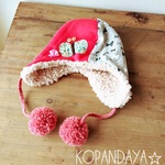 『tさまご予約品』です♥再販ラストです☆ボンボン耳あてつき帽♥ピンク×リボン柄 sizeM子供服