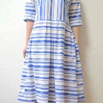 水彩ボーダーワンピース-青-