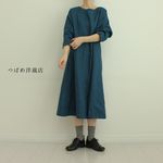 リネン100％ドロップショルダーワンピース　ブルーグリーン
