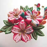 カラフル花柄（花孔雀）桜のくちばしクリップ髪飾り　#つまみ細工