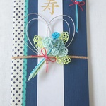 花束が可愛いご祝儀袋(紺色 水玉)